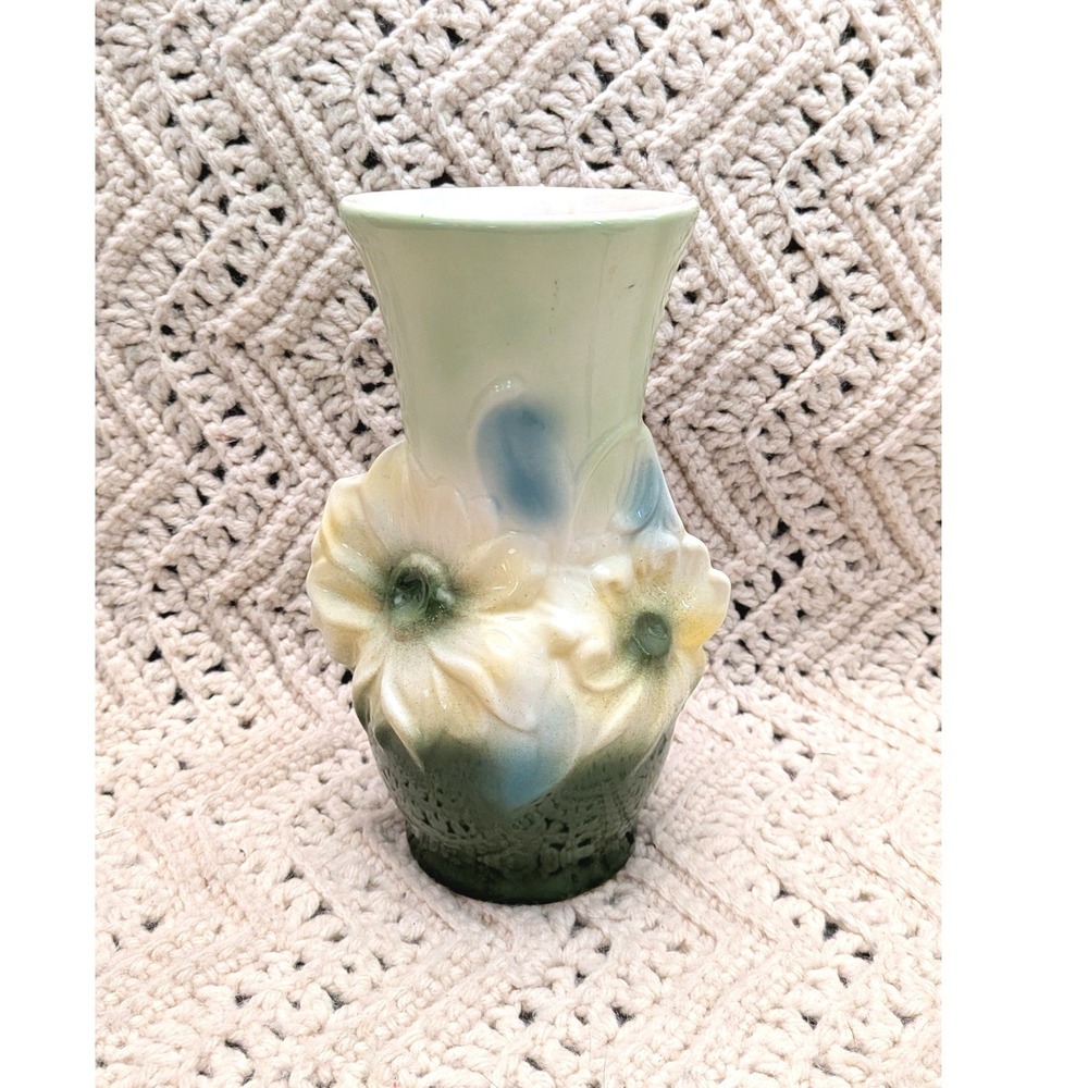 Royal Copley Vintage Floral Ceramic Vase Green White Yellow Embossed Pottery